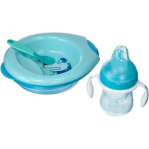 Chicco Набор детской посуды (тарелка,ложка,поильник) 6м + голубой